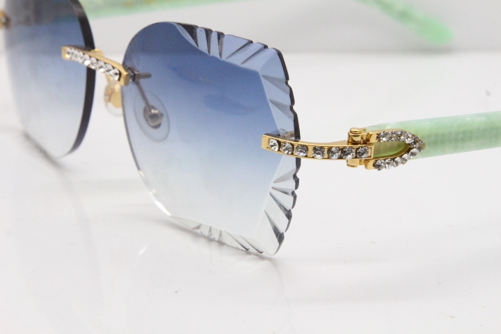 Cartier Rimless T8200762 Big Diamond Marble Green Aztec Arms Sunglasses In Gold Blue Lens