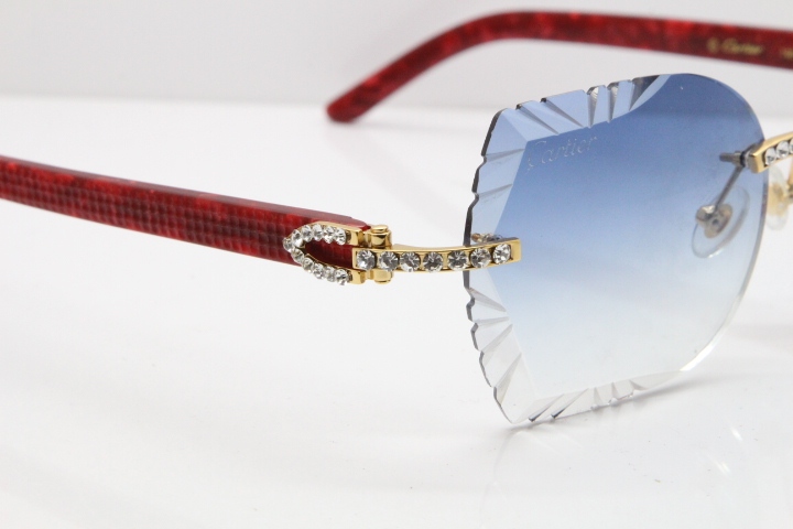 Cartier Rimless T8200762 Big Diamond Marble Red Aztec Arms Sunglasses In Gold Blue Lens