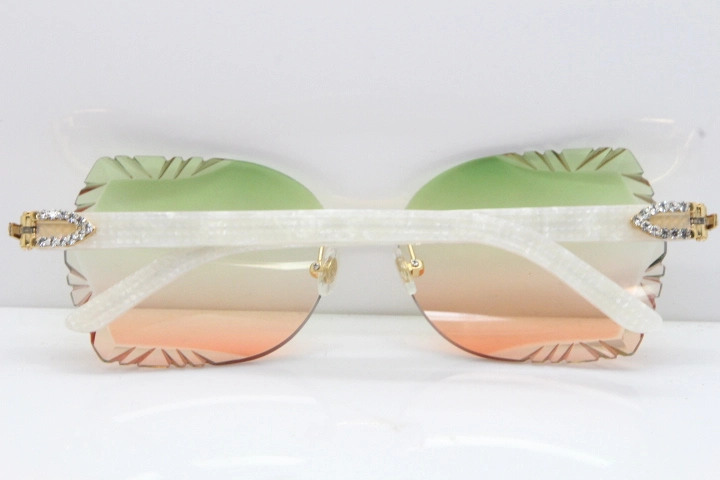 Cartier Rimless T8200762 Big Diamond Marble White Aztec Arms Sunglasses In Gold Green Brown Lens 