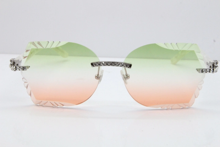 Cartier Rimless T8200762 Big Diamond Marble White Aztec Arms Sunglasses In Gold Green Brown Lens 