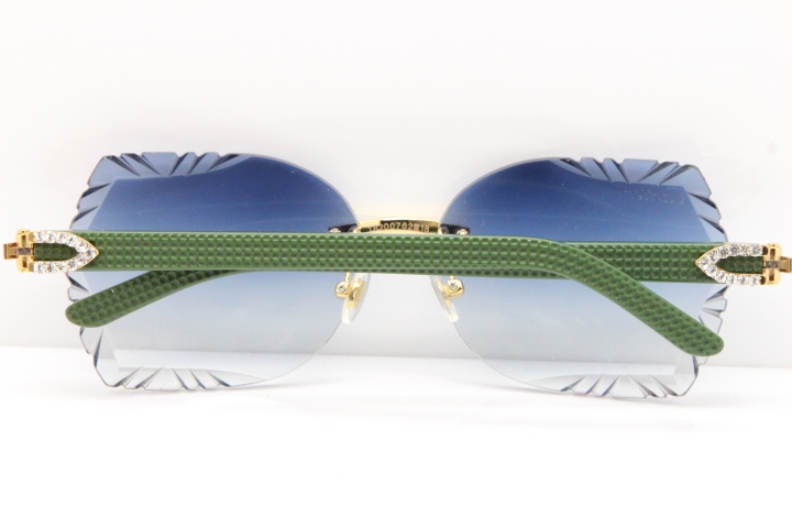 Cartier Rimless T8200762 Big Diamond Green Aztec Arms Sunglasses In Gold Blue Lens
