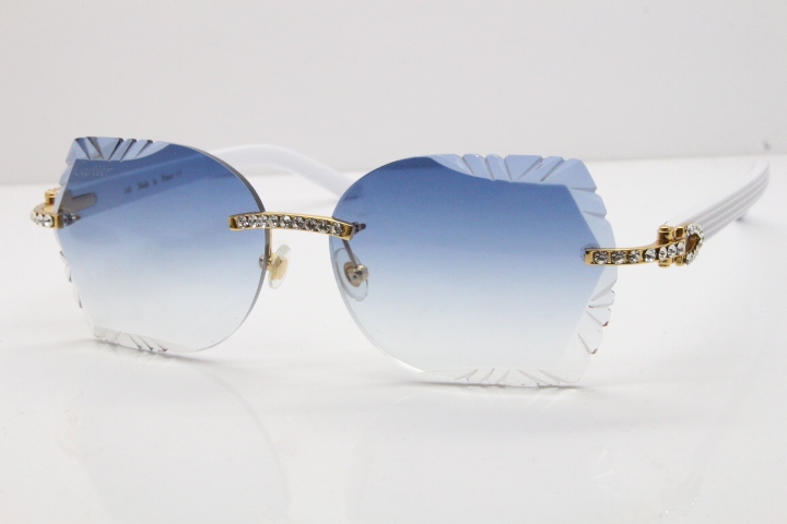 Cartier Rimless T8200762 Big Diamond White Aztec Arms Sunglasses In Gold Blue Lens