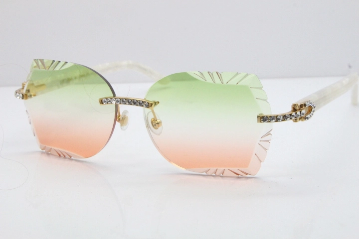 Cartier Rimless T8200762 Big Diamond Marble White Aztec Arms Sunglasses In Gold Green Brown Lens 