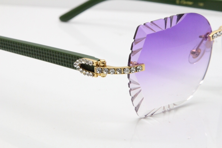 Cartier Rimless T8200762 Big Diamond Green Aztec Arms Sunglasses In Gold Purple Lens