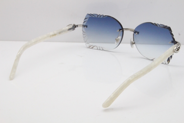 Cartier Rimless T8200762 Big Diamond Marble White Aztec Arms Sunglasses In Gold Blue Lens