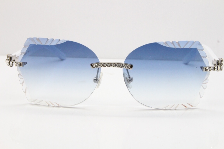 Cartier Rimless T8200762 Big Diamond White Aztec Arms Sunglasses In Gold Blue Lens