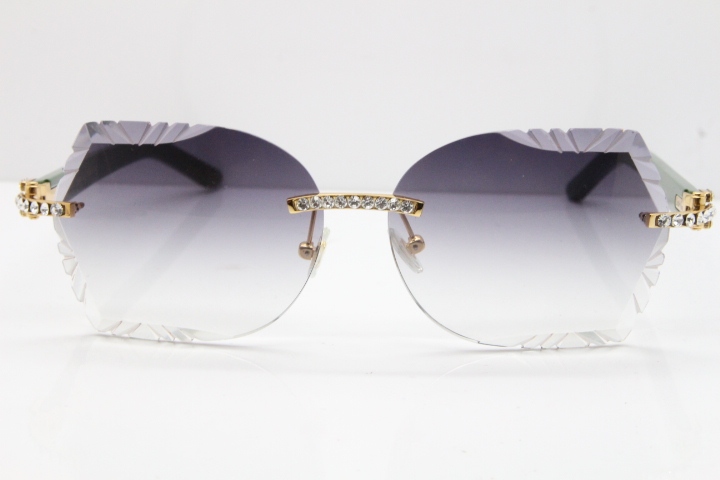 Cartier Rimless T8200762 Big Diamond Green Aztec Arms Sunglasses In Gold Gray Lens
