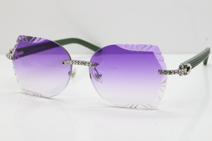 Cartier Rimless T8200762 Big Diamond Green Aztec Arms Sunglasses In Gold Purple Lens