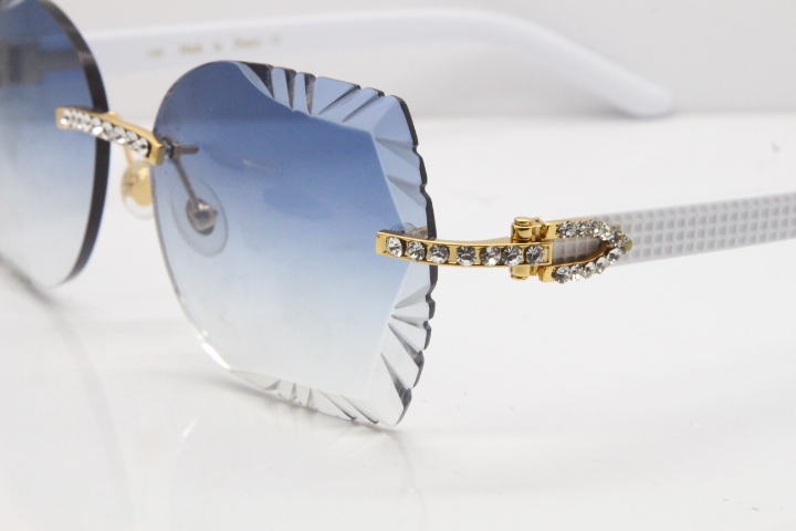 Cartier Rimless T8200762 Big Diamond White Aztec Arms Sunglasses In Gold Blue Lens