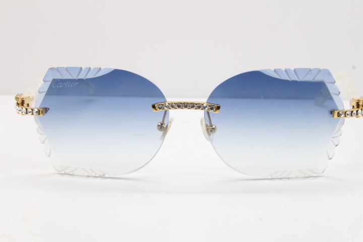 Cartier Rimless T8200762 Big Diamond Marble White Aztec Arms Sunglasses In Gold Blue Lens