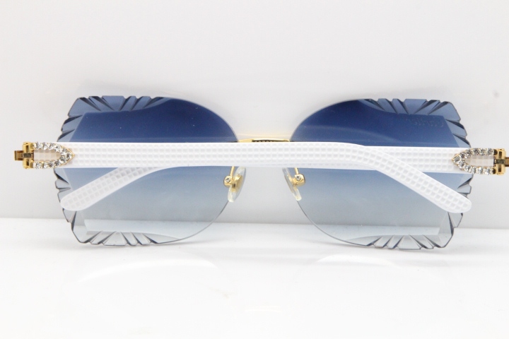 Cartier Rimless T8200762 Big Diamond White Aztec Arms Sunglasses In Gold Blue Lens