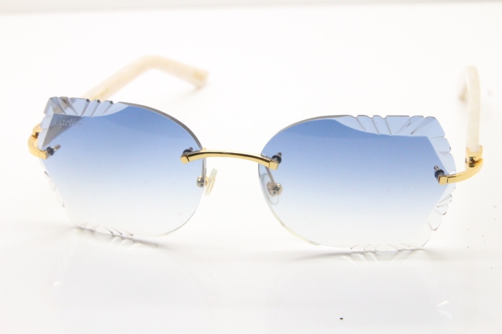 Cartier Rimless T8200762 White Aztec Arms Sunglasses In Gold Blue Lens