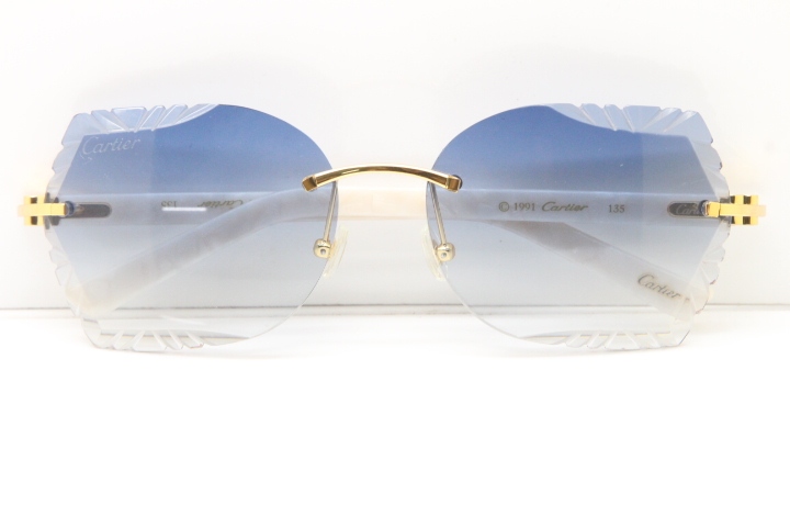 Cartier Rimless T8200762 White Aztec Arms Sunglasses In Gold Blue Lens