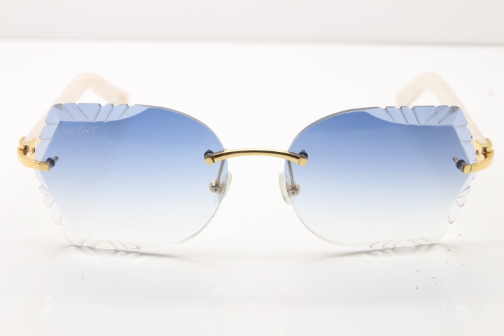 Cartier Rimless T8200762 White Aztec Arms Sunglasses In Gold Blue Lens