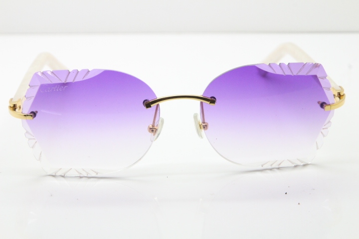 Cartier Rimless T8200762 White Aztec Arms Sunglasses In Gold Purple Lens 