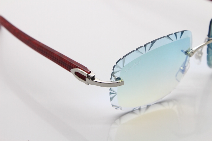 Cartier Rimless 8300816 Marble Red Aztec Arms Sunglasses In Gold Blue Mirrow Lens