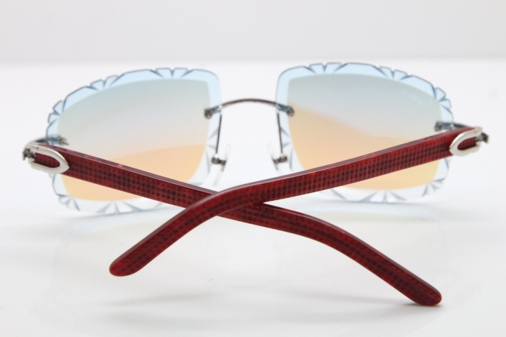 Cartier Rimless 8300816 Marble Red Aztec Arms Sunglasses In Gold Blue Mirrow Lens