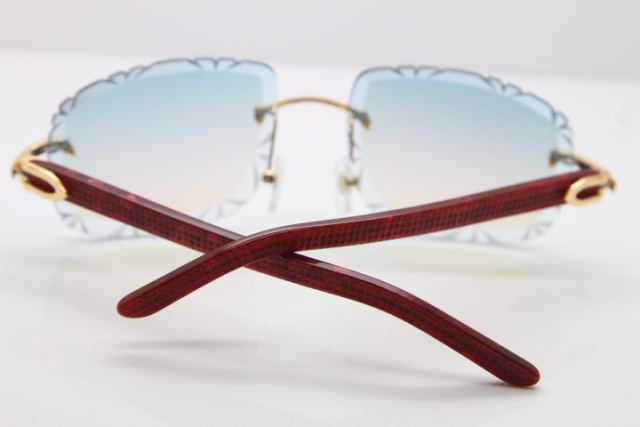 Cartier Rimless 8300816 Marble Red Aztec Arms Sunglasses In Gold Blue Mirrow Lens