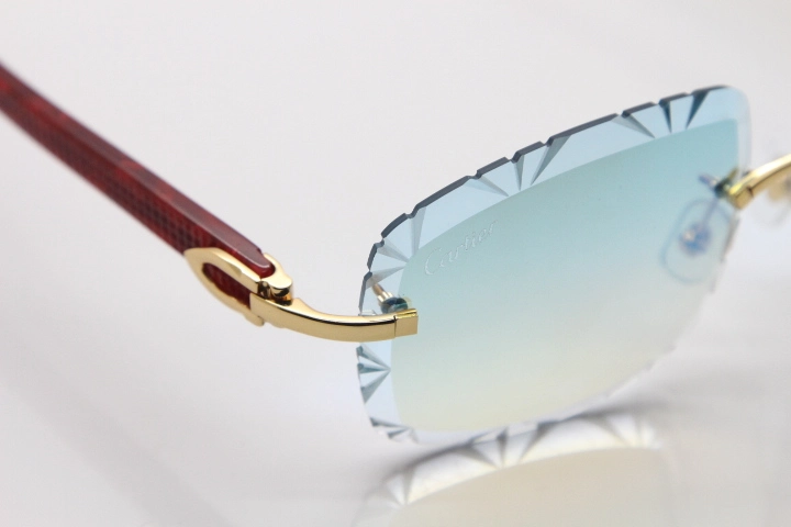 Cartier Rimless 8300816 Marble Red Aztec Arms Sunglasses In Gold Blue Mirrow Lens