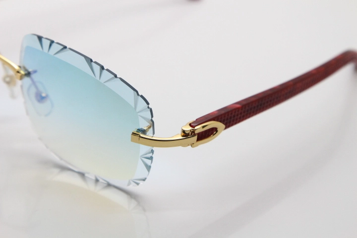 Cartier Rimless 8300816 Marble Red Aztec Arms Sunglasses In Gold Blue Mirrow Lens