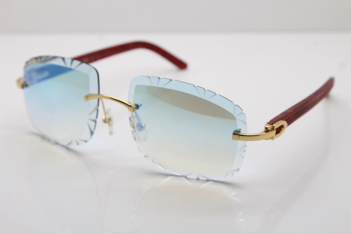 Cartier Rimless 8300816 Marble Red Aztec Arms Sunglasses In Gold Blue Mirrow Lens