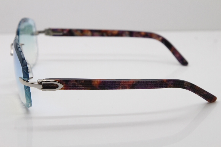 Cartier Rimless 8300816 Marble Purple Aztec Arms Sunglasses In Gold Blue Mirror Lens