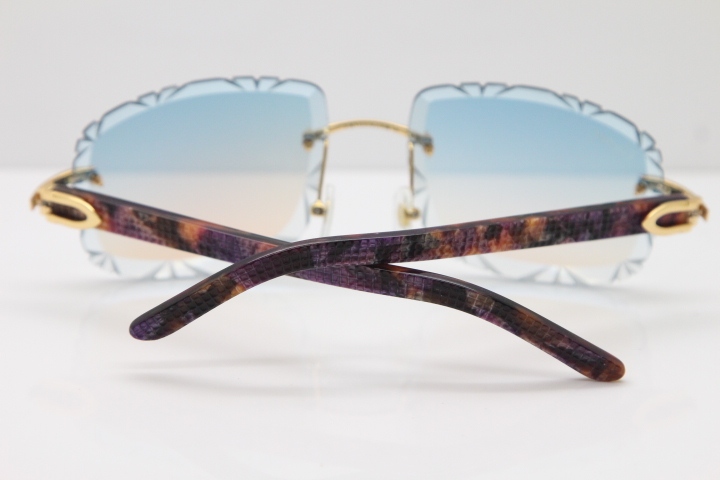 Cartier Rimless 8300816 Marble Purple Aztec Arms Sunglasses In Gold Blue Mirror Lens