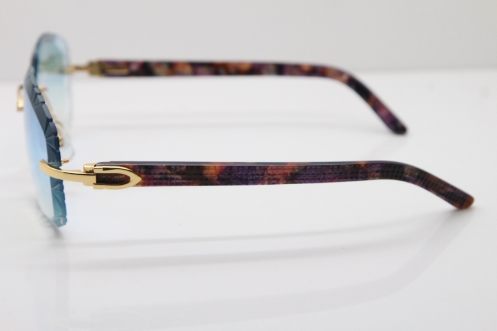 Cartier Rimless 8300816 Marble Purple Aztec Arms Sunglasses In Gold Blue Mirror Lens