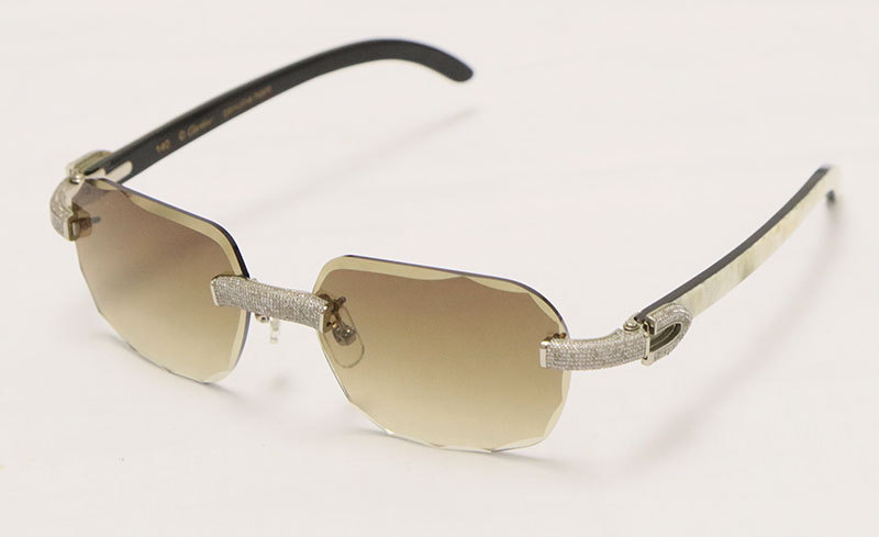 Cartier Diamond Sunglasses 3524012 Rimless White Inside Black Buffalo Horn Sunglasses Designer Diamond cut Lens