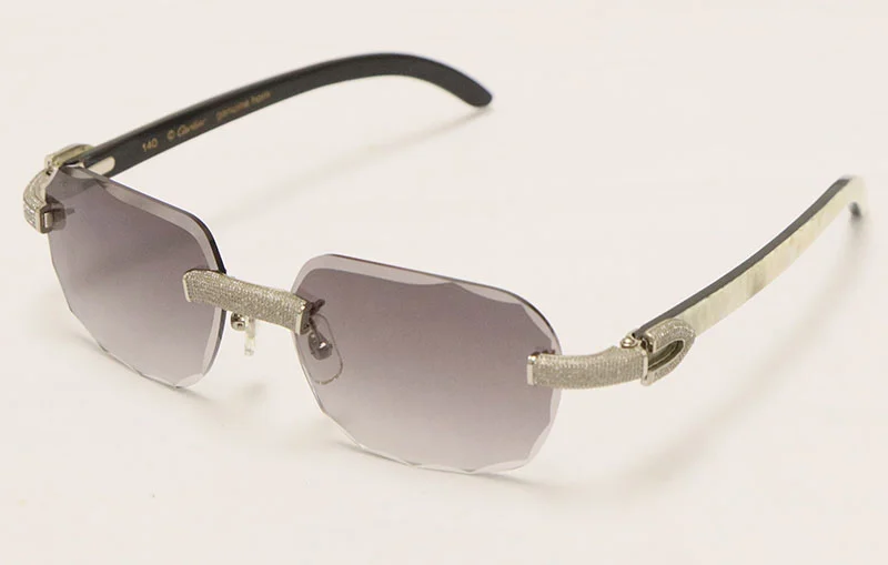 Cartier Diamond Sunglasses 3524012 Rimless White Inside Black Buffalo Horn Sunglasses Designer Diamond cut Lens