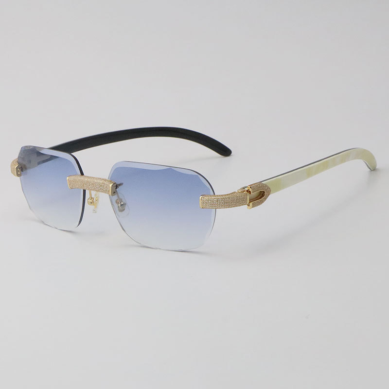 Cartier Diamond Sunglasses 3524012 Rimless White Inside Black Buffalo Horn Sunglasses Designer Diamond cut Lens