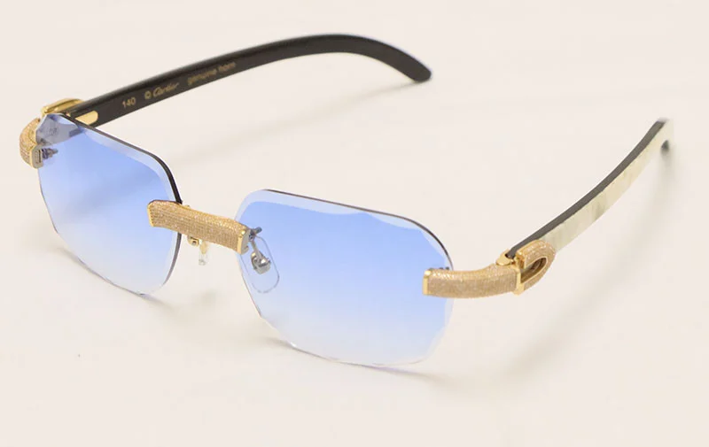 Cartier Diamond Sunglasses 3524012 Rimless White Inside Black Buffalo Horn Sunglasses Designer Diamond cut Lens