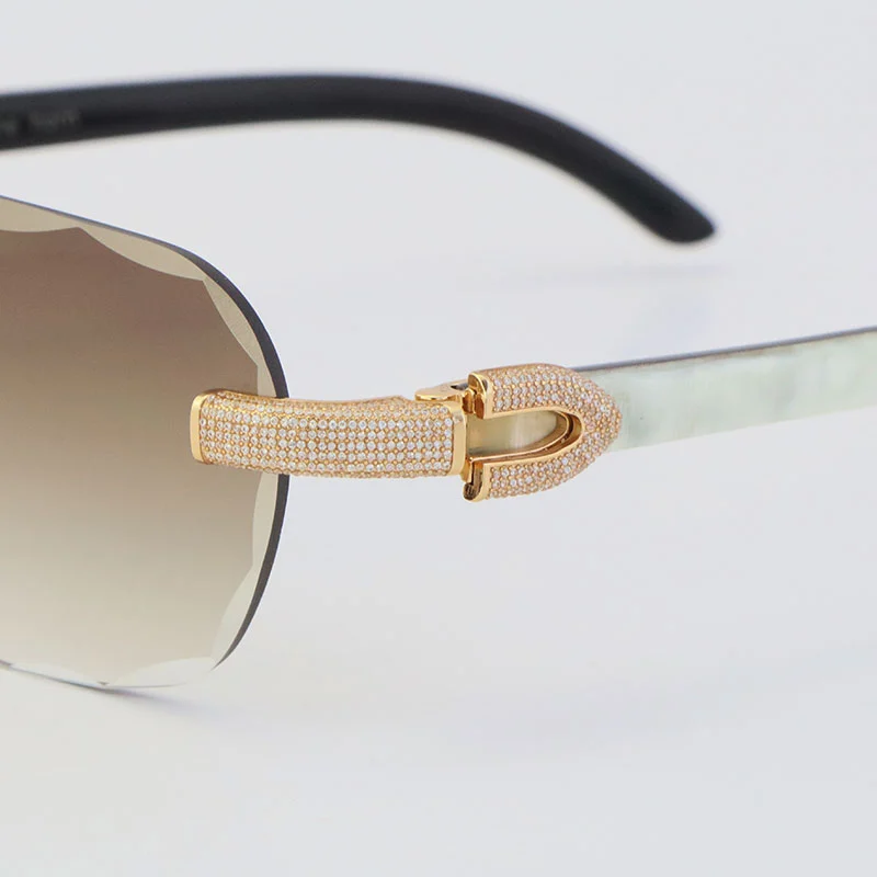 Cartier Diamond Sunglasses 3524012 Rimless White Inside Black Buffalo Horn Sunglasses Designer Diamond cut Lens