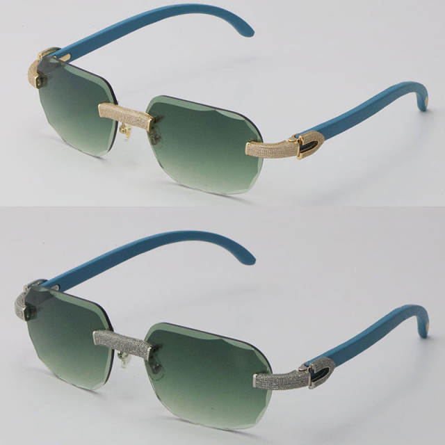 Cartier Diamond Blue Wood Sunglasses 3524012 Rimless Designer Diamond cut Lens