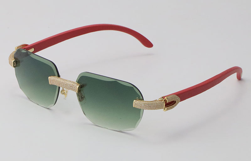 Cartier Diamond Red Wood Sunglasses 3524012 Rimless Designer Diamond cut Lens