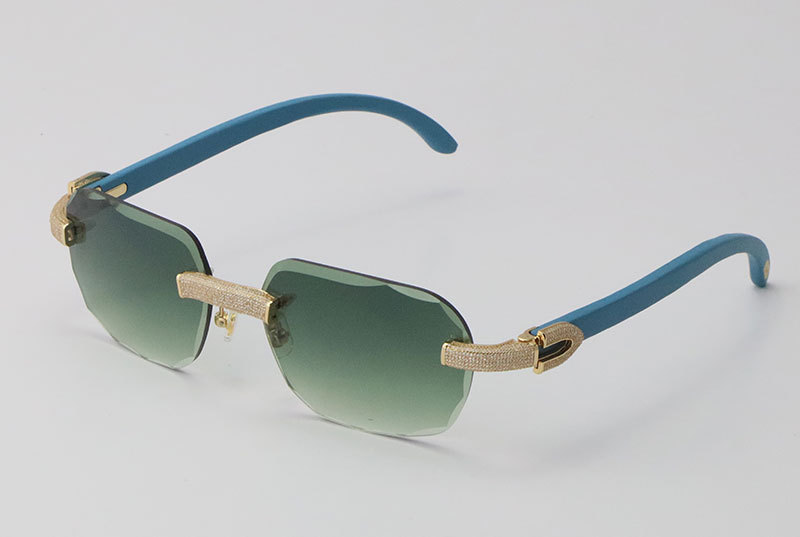 Cartier Diamond Blue Wood Sunglasses 3524012 Rimless Designer Diamond cut Lens