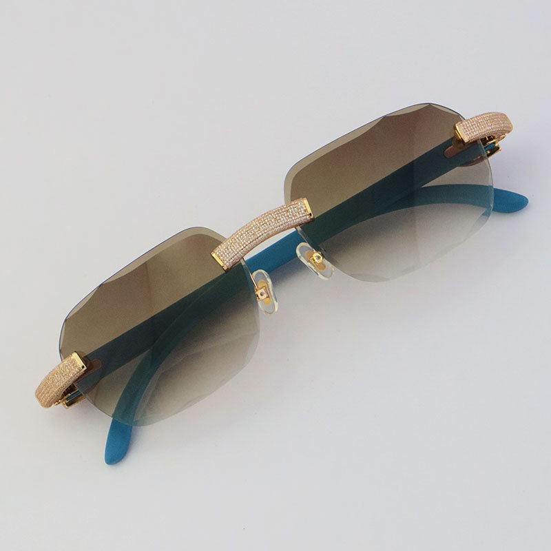 Cartier Diamond Blue Wood Sunglasses 3524012 Rimless Designer Diamond cut Lens