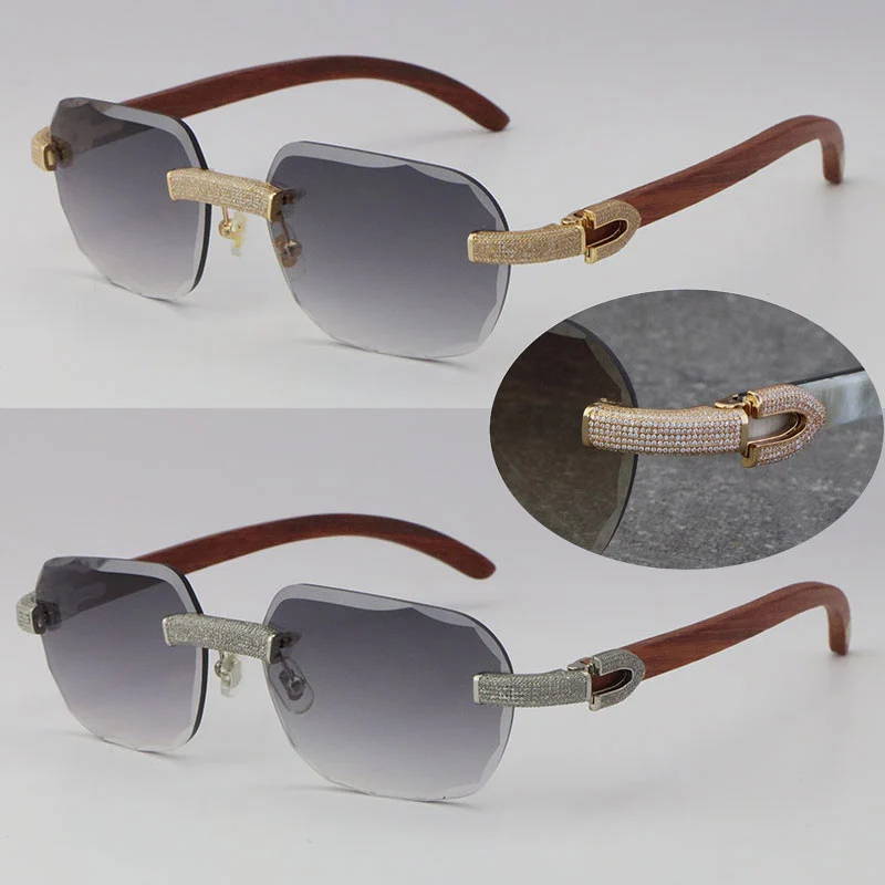 Cartier Diamond Wood Sunglasses 3524012 Rimless Designer Diamond cut Lens