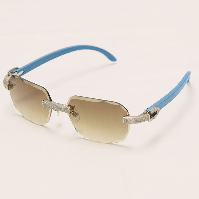 Cartier Diamond Blue Wood Sunglasses 3524012 Rimless Designer Diamond cut Lens