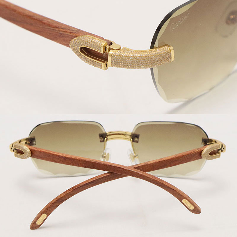 Cartier Diamond Wood Sunglasses 3524012 Rimless Designer Diamond cut Lens