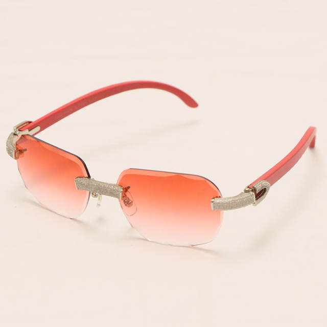 Cartier Diamond Red Wood Sunglasses 3524012 Rimless Designer Diamond cut Lens