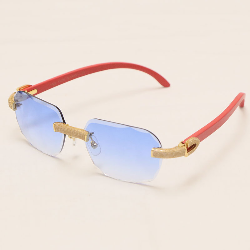 Cartier Diamond Red Wood Sunglasses 3524012 Rimless Designer Diamond cut Lens