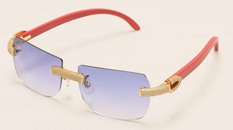 Cartier Luxury Diamond Sunglasses Rimless Original Red Wood Sun Glasses