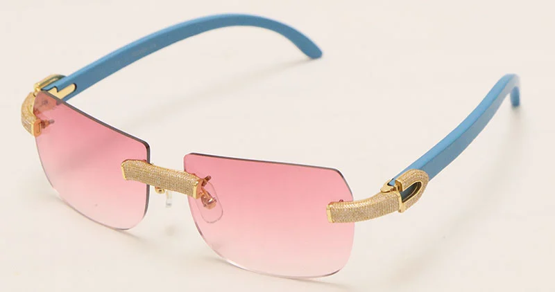 Cartier Luxury Diamond Sunglasses Rimless Original Blue Wood Sun Glasses