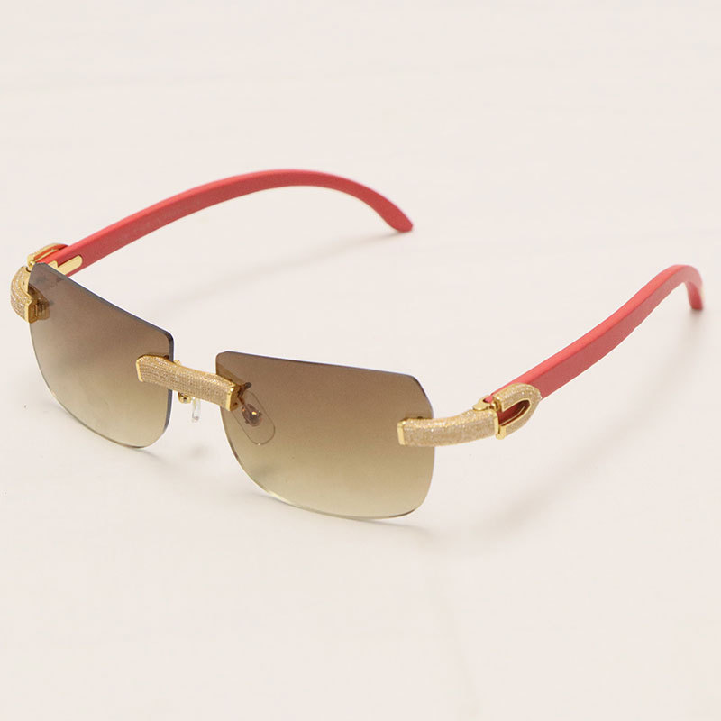 Cartier Luxury Diamond Sunglasses Rimless Original Red Wood Sun Glasses