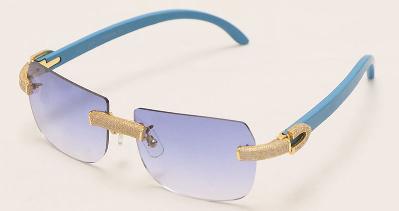 Cartier Luxury Diamond Sunglasses Rimless Original Blue Wood Sun Glasses