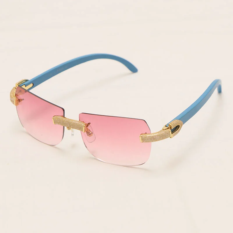 Cartier Luxury Diamond Sunglasses Rimless Original Blue Wood Sun Glasses