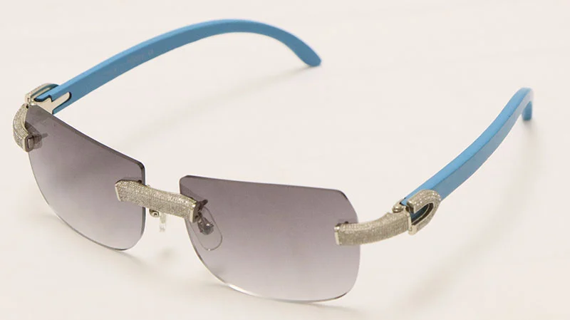 Cartier Luxury Diamond Sunglasses Rimless Original Blue Wood Sun Glasses