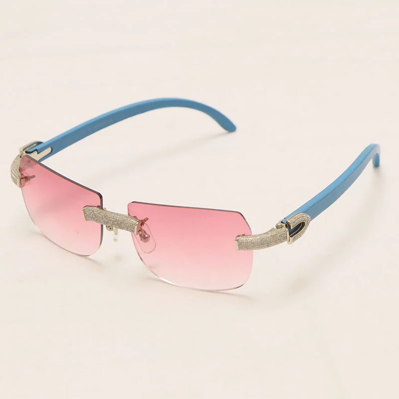 Cartier Luxury Diamond Sunglasses Rimless Original Blue Wood Sun Glasses