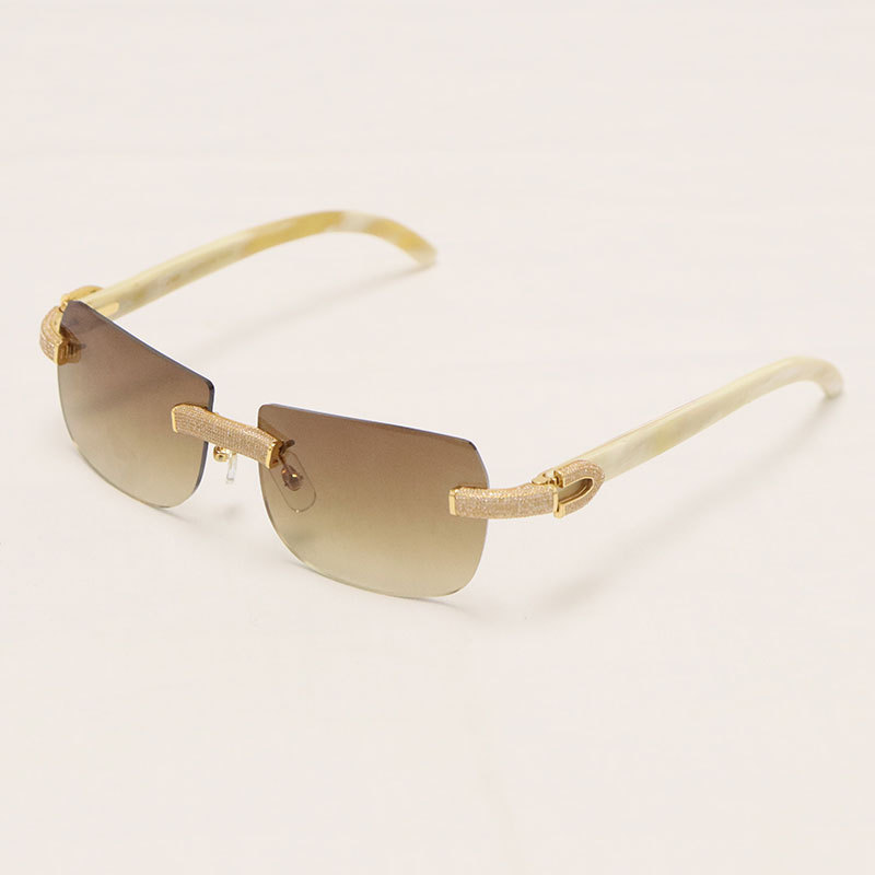 Cartier Luxury Diamond Sunglasses Rimless Original White Genuine Natural Horn Sun Glasses